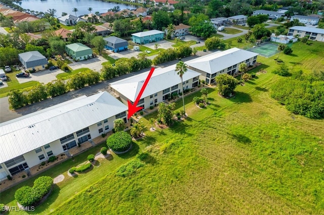 aerial view featuring a water view