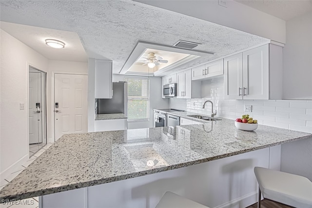 kitchen featuring white cabinetry, sink, stainless steel appliances, kitchen peninsula, and decorative backsplash