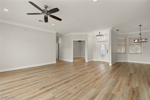 unfurnished living room with ceiling fan with notable chandelier, light wood-type flooring, and ornamental molding