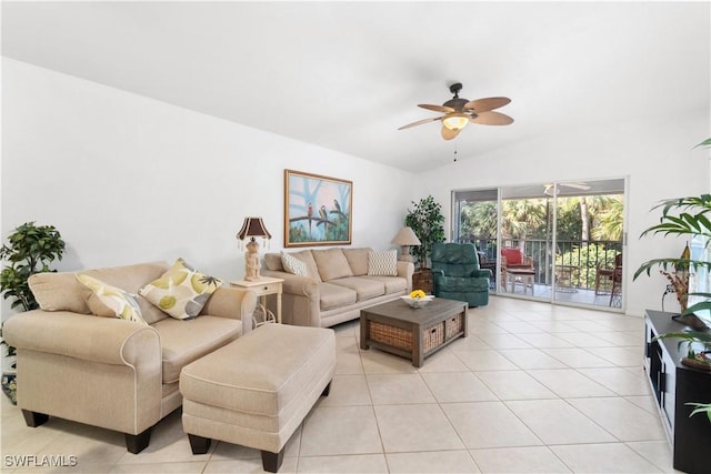 tiled living room with ceiling fan and vaulted ceiling