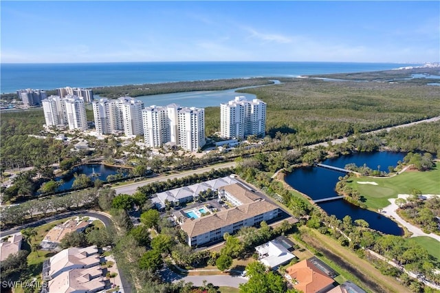 drone / aerial view featuring a water view