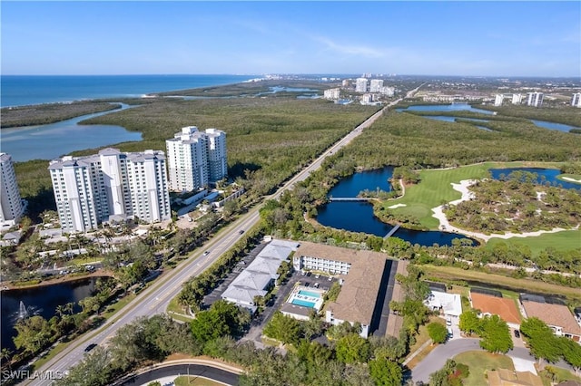 drone / aerial view with a water view