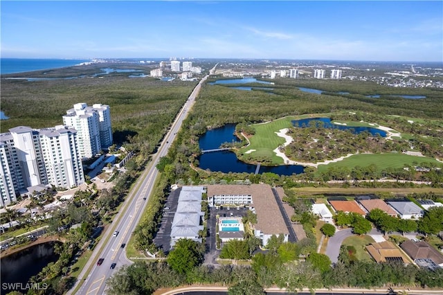 drone / aerial view with a water view