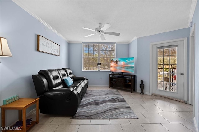 living room featuring ceiling fan, light tile patterned flooring, and ornamental molding