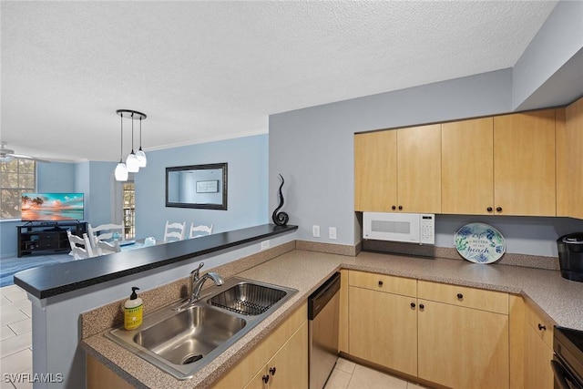 kitchen with dishwasher, sink, kitchen peninsula, a textured ceiling, and light brown cabinetry