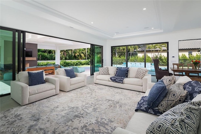 living room with a tray ceiling