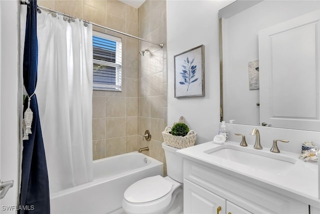 full bathroom with toilet, vanity, and shower / bathtub combination with curtain