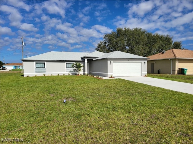 ranch-style home featuring a garage and a front lawn