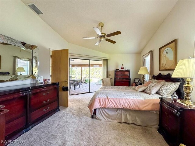 bedroom with access to exterior, light carpet, ceiling fan, and lofted ceiling