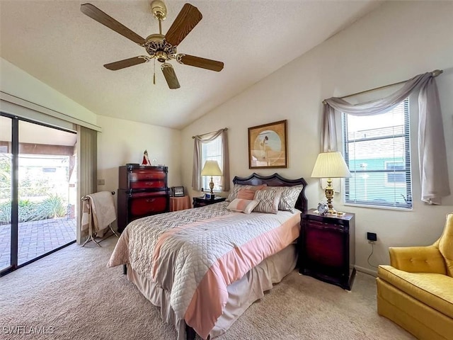 bedroom with lofted ceiling, light carpet, access to outside, ceiling fan, and multiple windows