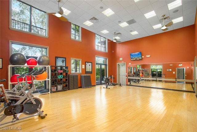 workout area with a towering ceiling, light hardwood / wood-style flooring, and a drop ceiling