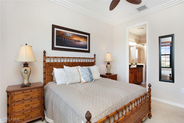 bedroom with connected bathroom, light colored carpet, ceiling fan, and ornamental molding