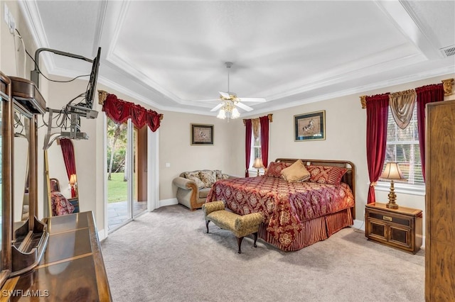 bedroom featuring access to exterior, carpet floors, ceiling fan, and crown molding