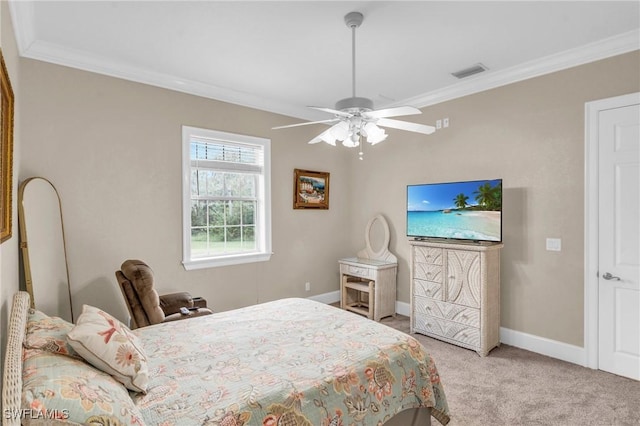 bedroom featuring light carpet, ceiling fan, and ornamental molding