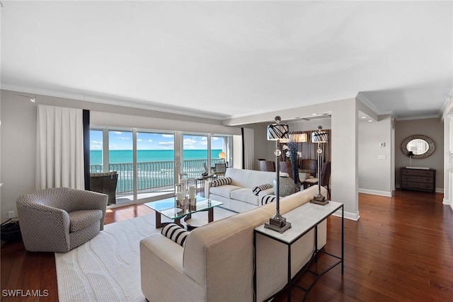 living room with dark hardwood / wood-style floors, a water view, and ornamental molding