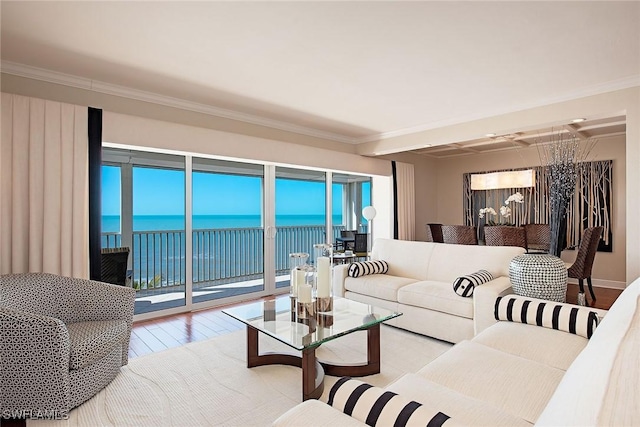 living room with a wealth of natural light, light hardwood / wood-style flooring, and a water view