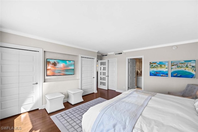 bedroom featuring dark hardwood / wood-style flooring and ornamental molding