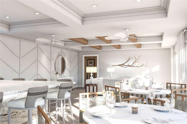 dining area with hardwood / wood-style flooring, beam ceiling, and coffered ceiling