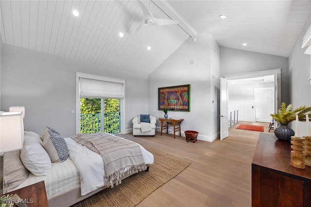 bedroom featuring high vaulted ceiling, recessed lighting, baseboards, and wood finished floors