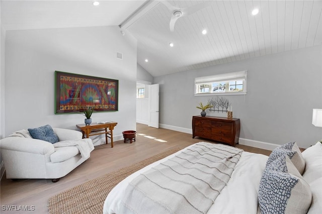 bedroom featuring recessed lighting, beamed ceiling, baseboards, and wood finished floors