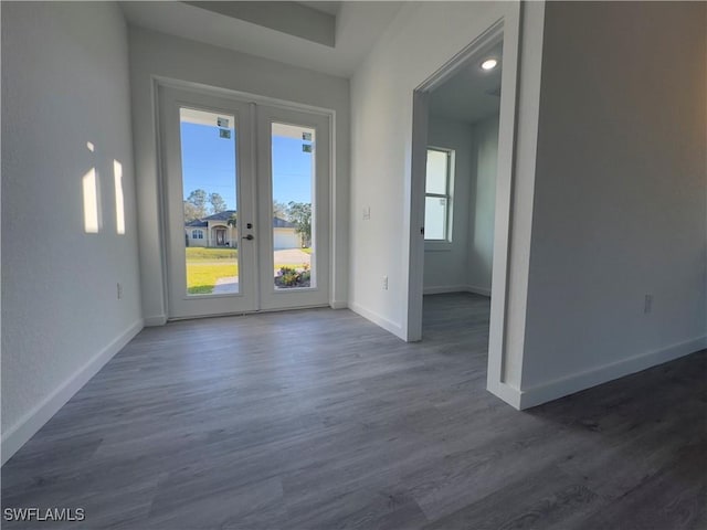 spare room featuring dark wood-type flooring and french doors