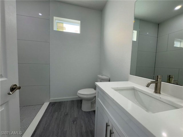 bathroom with hardwood / wood-style floors, vanity, and toilet