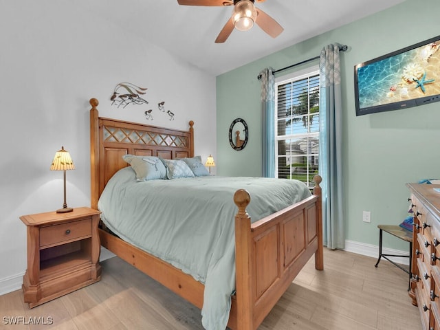 bedroom featuring ceiling fan and light wood-type flooring