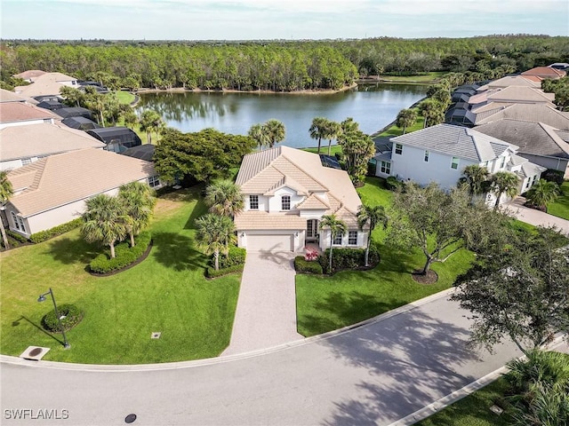 aerial view featuring a water view