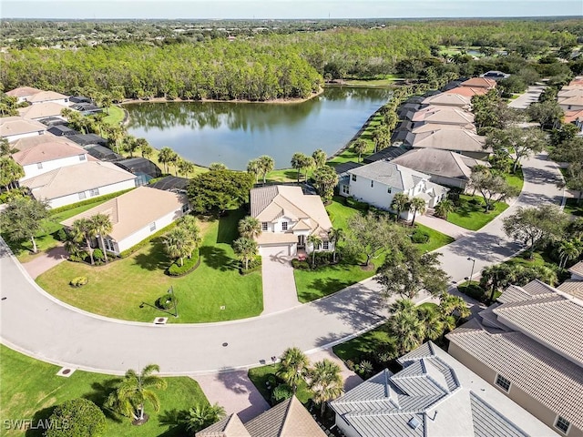 drone / aerial view featuring a water view