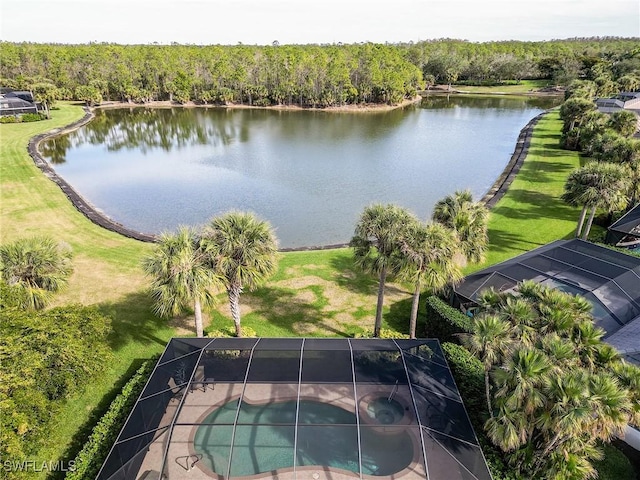 bird's eye view with a water view