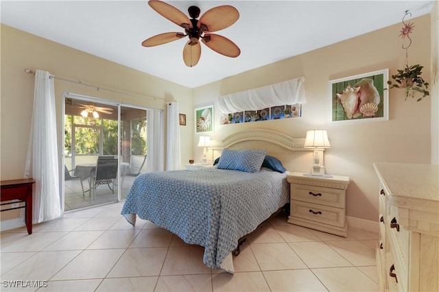 tiled bedroom with ceiling fan and access to exterior