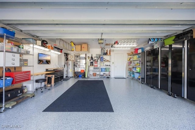 garage with high quality fridge and water heater