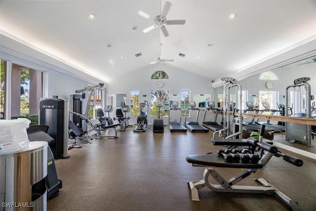 workout area featuring ceiling fan and lofted ceiling