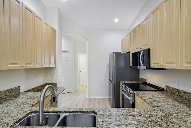 kitchen featuring light stone counters, sink, and stainless steel appliances