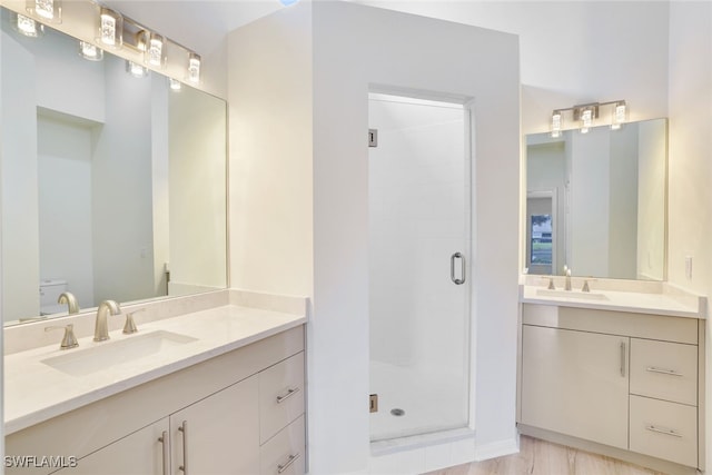 bathroom with vanity and a shower with shower door