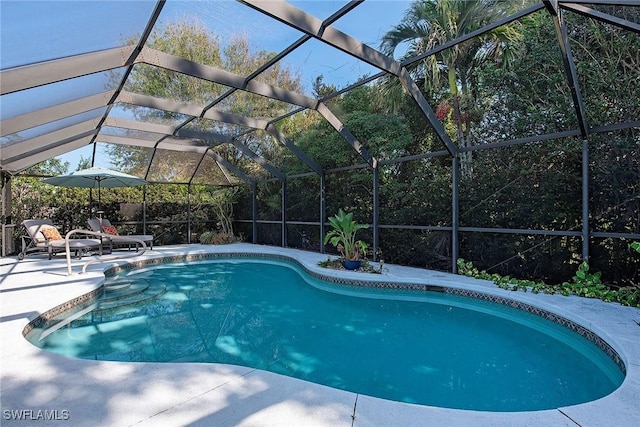 view of pool with a patio and glass enclosure