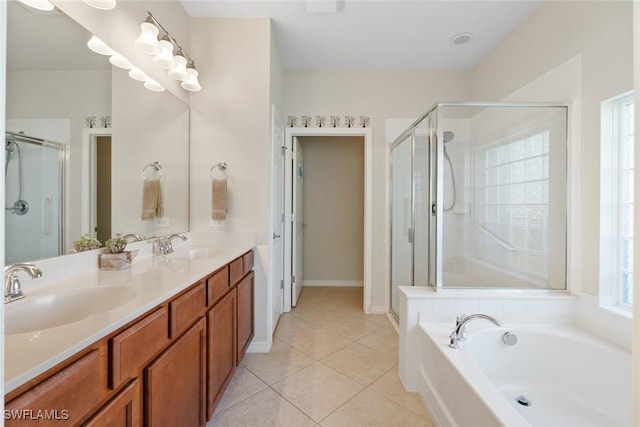 bathroom featuring vanity, tile patterned floors, and independent shower and bath