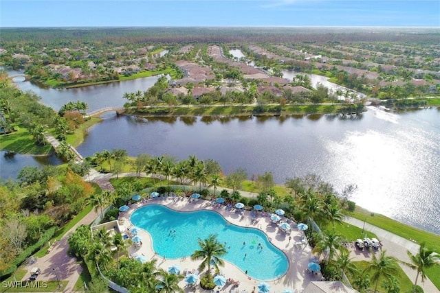 drone / aerial view featuring a water view