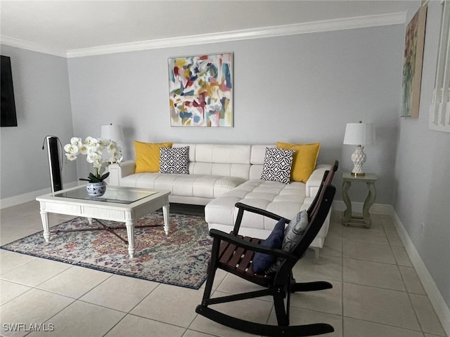 living room featuring light tile patterned floors and ornamental molding