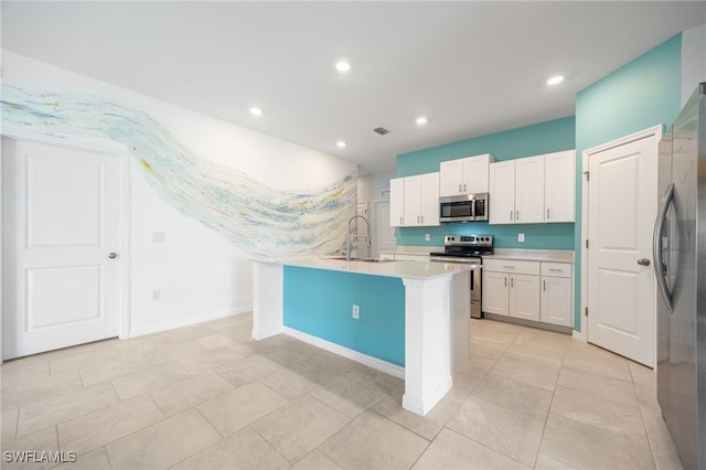 kitchen featuring white cabinetry, a kitchen island with sink, sink, and stainless steel appliances