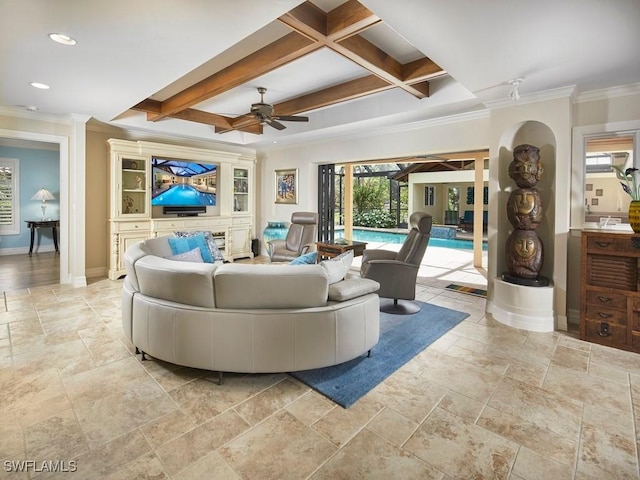 living room with baseboards, coffered ceiling, beam ceiling, recessed lighting, and ornamental molding