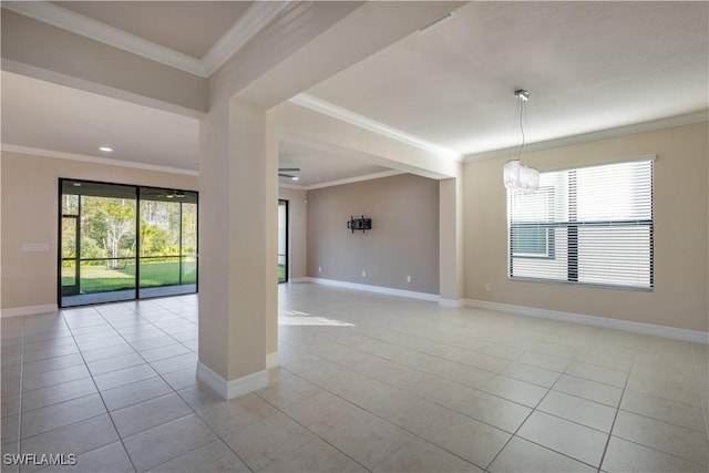 tiled empty room with ornamental molding and a notable chandelier