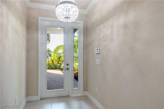 doorway to outside with an inviting chandelier and crown molding