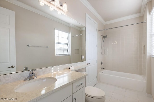 full bathroom featuring ornamental molding, vanity, tile patterned flooring, toilet, and tiled shower / bath