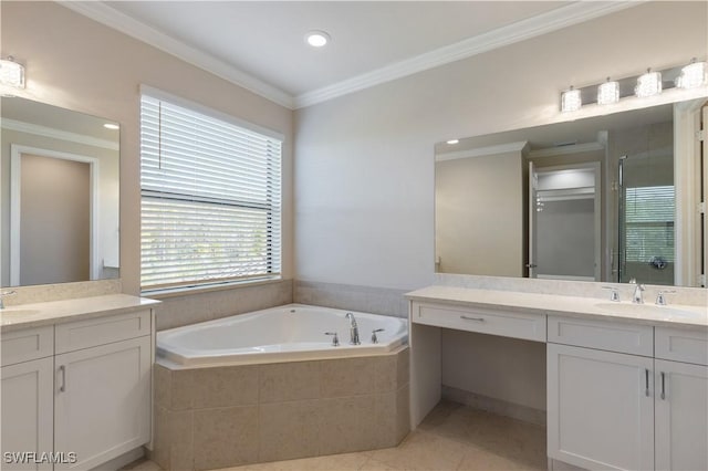 bathroom with vanity, tile patterned floors, crown molding, and separate shower and tub