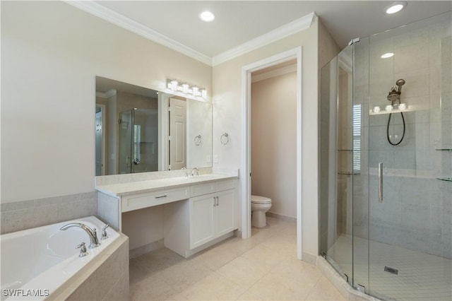 full bathroom featuring tile patterned flooring, toilet, ornamental molding, and shower with separate bathtub