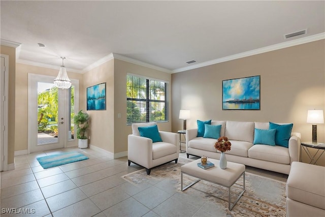 living room featuring light tile patterned floors, crown molding, and a notable chandelier