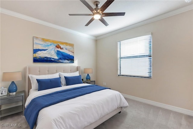 bedroom featuring carpet floors, ceiling fan, and ornamental molding