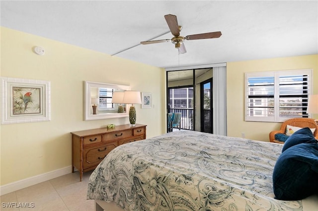 tiled bedroom featuring access to exterior and ceiling fan