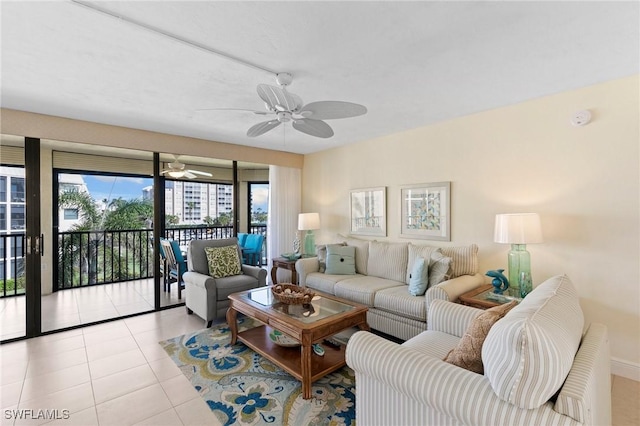 tiled living room featuring ceiling fan